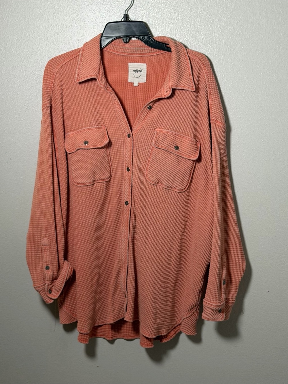 Aerie Women Coral Lumber Jane Waffle Knit Button-Down Flowy Long Sleeve Shirt L